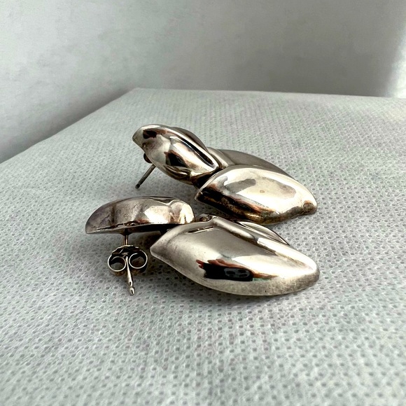 925 Silver Heart Flower Floral Leaf Abstract Art Statement Earrings VTG Jewelry - Picture 5 of 8